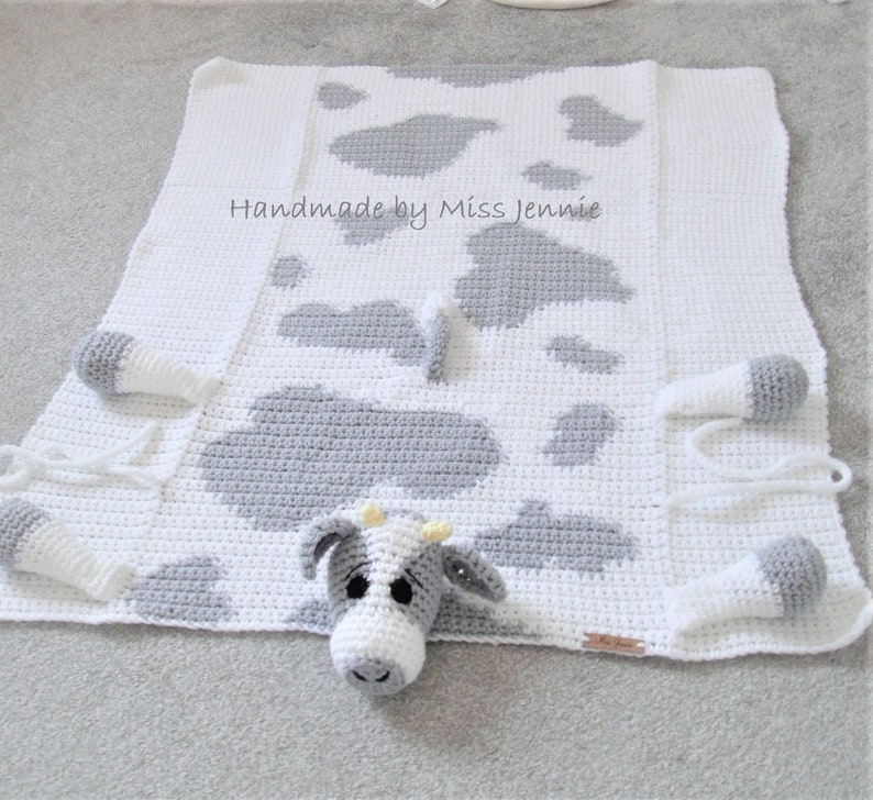 Crochet Baby blanket, cuddle and play Cow blanket, car seat blanket, play mat, security blanket, 2 in 1 cuddle/play blanket. image 2