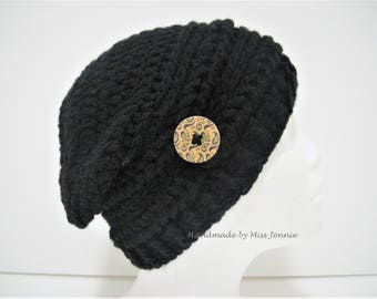 Crochet Womans Slouch hat, Womans, Beanie, Black Hat, Winter Hat