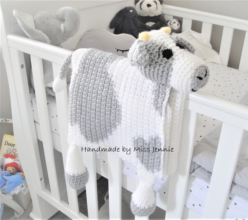 Crochet Baby blanket, cuddle and play Cow blanket, car seat blanket, play mat, security blanket, 2 in 1 cuddle/play blanket. White/Silver Grey