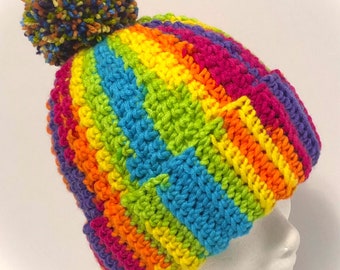 Crochet Ladies Slouch Hat, Slouch Beanie Hat, Pom Pom Hat, Multi coloured hat