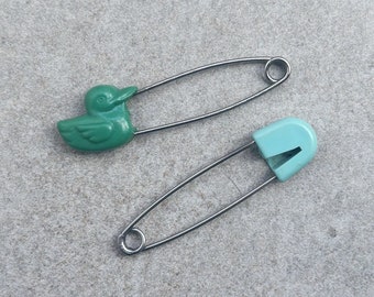 Vintage Set of Two Decorative Safety Pins, Green Duck Safety Pin, Baby Blue Safety Pin