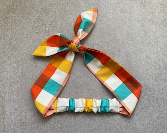Cotton Gingham Headband in Bright Retro Colors, Knotted Adjustable Tie Headband, Cotton and Steel Fabric Made In Japan