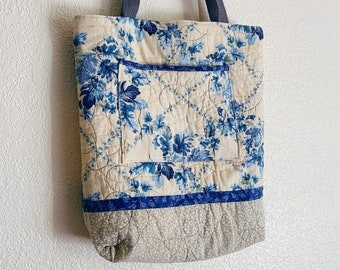 Vintage Quilted Blue and Yellow Floral Tote Bag, Quilted Tote Bag, Vintage Quilt Bag