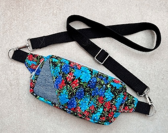 Bluebonnet Print Mini Crossbody Bag, Red and Blue Floral Crossbody Bag with Denim, Small Crossbody Bag, Texas Bluebonnets Print