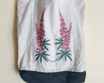 Lupine Floral Vintage Embroidered Tote Bag, Floral Tote Bag, Vintage Tote Bag, Embroidered Tote Bag, Upcycled Tote Bag