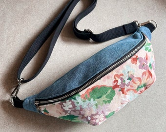 Denim and Pink Floral Crossbody Bag, Floral Sling Bag, Vintage Floral Crossbody Bag