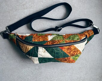 Vintage Quilted Crossbody Bag in Green and Earth Tones, Quilted Sling Bag, Handmade Quilted Bag