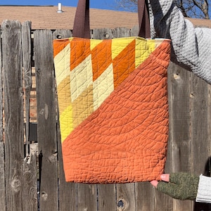 Santa Fe Quilt Tote Bag, Vintage Tote Bag Made from Old Quilt, Quilted Tote Bag in Orange Yellow and Beige