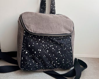 Corduroy Mini Backpack, Black and White Mini Backpack, Handmade Backpack with Adjustable Straps