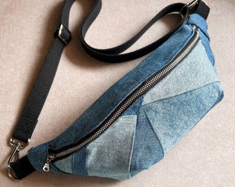 Denim Patchwork Classic Crossbody Bags, Upcycled Denim Sling Bag, Handmade Patchwork Denim Crossbody Bag