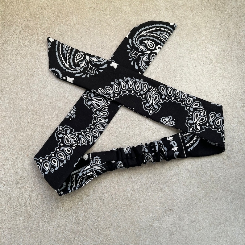 Black Bandana Headband for Women, Paisley Bandana Knotted Bow Headband with Elastic, Black Bandana Head Scarf, Hair Bandana for Women, image 3