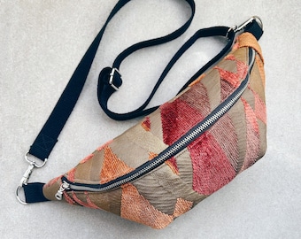 Vintage Abstract Crossbody in Heavy Woven Fabric, Handmade Crossbody Bag