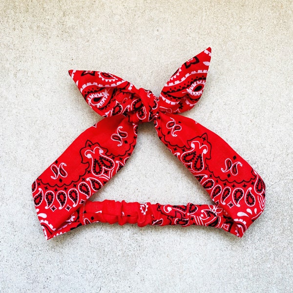 Red Bandana Headband, Women's Paisley Hair Bandana, Baby Bandana Headband, Rockabilly Red Bandana Headband