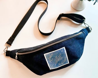 Denim Crossbody Bag with Handprinted Sage Patch, Witchy Bag, Foraging Crossbody Bag, Patch with Hand Holding Sage