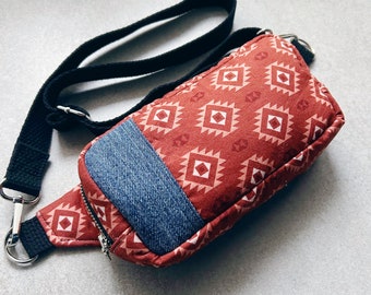 Southwest Denim Mini Crossbody Bag, Mini Sling Bag, Mini Crossbody Bag in Red and Denim