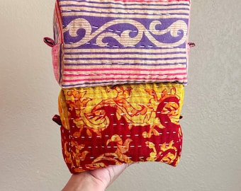 Kantha Quilted Travel Bag, Quilted Boxy Bags, Kantha Makeup Bag, Boxy Cosmetic Bag, Kantha Bag