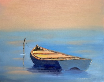 Calm Water Boat Painting: Original Oil on Canvas (12" x 16")