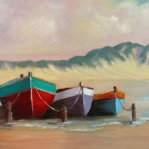 Boats on a Beach. Original Oil painting on Canvas. 16"x 12". Artist;Hilton Braithwaite. Free Standard Shipping in the USA.