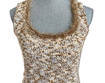 Beige and Tan Hand Knit Tank Top, Hand Knit Pullover Top, Boho, Scoop Neck Tank Top