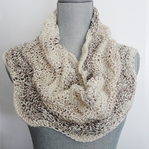 Beige Ivory Hand Crocheted Cowl, Neck Warmer, Winter Cowl, Variegated Ivory Chevron  Stripe Circular Scarf