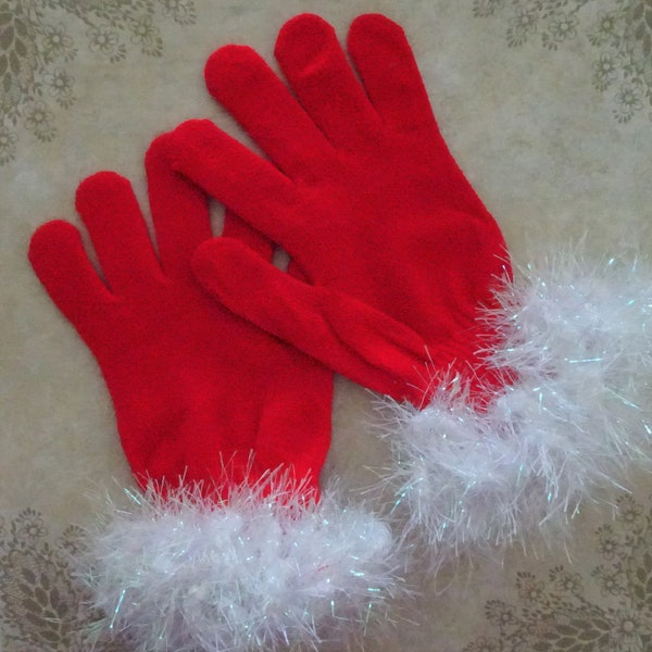 Christmas Gloves, Sparked White Cuffed Red Gloves, Ms Santa Claus Costume Gloves, Knit Stretch Red Gloves, Adult or Teen Holiday Gloves