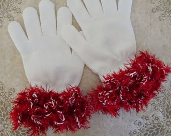 Christmas Gloves, Winter White Knit Gloves with Candy Cane Cuffs, Holiday Gloves, Gift for Her, Winter White Gloves, Elegant Fancy Gloves