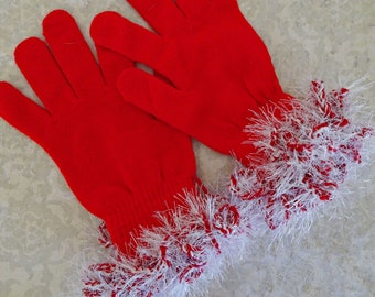 Christmas Gloves, Candy Cane Stripe White & Red Cuffs, Ms Santa Claus Gloves, Adult or Teen Holiday Gloves