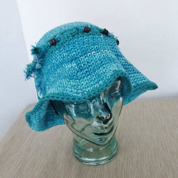 Crochet Turquoise Cotton Sun Hat: Floppy Brim Beach Hat - Etsy display picture 1