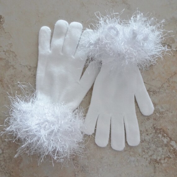 White Knit Gloves Fancy Cuffed Winter Gloves Novelty White