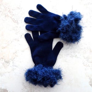 Blue Knit Gloves: Crochet Faux Fur Cuff - Winter Gloves