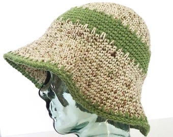 Crochet Cotton Sun Hat: Green & Beige Floppy Brim Beach Hat