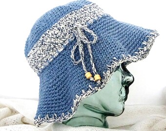 Crochet Cotton Sun Hat: Nautical Blue Floppy Brim Beach Hat
