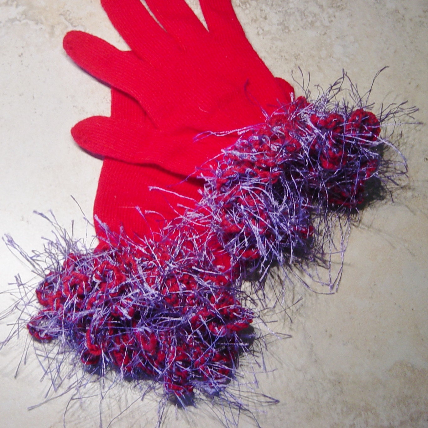 Red Gloves, Fancy Gloves, Red Hat Lady Gloves, Purple and Red Crochet