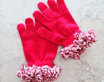 Candy Cane Stripe Christmas Gloves: Hand Crocheted Cuffs, Stretch Knit