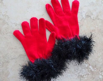 Red Knit Gloves with Crochet Black Faux Fur Cuff