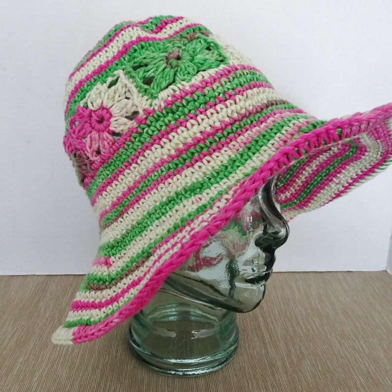 Crochet Cotton Summer Sun Hat Women's Hat Floppy Brim Hat Beach Hat Pink and Green Watermelon Color Hat Cotton Crochet Hat image 1