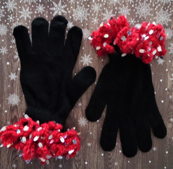 Black Knit Gloves With Red Crocheted Sequined Cuffs Embellished