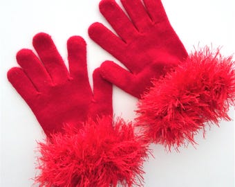 Red Knit Gloves: Faux Fur Cuff, Holiday Party Gloves