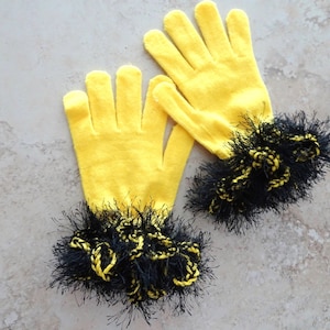 Yellow & Black Fancy Cuff Gloves, Yellow Knit Stretch Gloves, Novelty Gloves,  Yellow Gloves, Festive Gloves, Costume Gloves, Adult Gloves