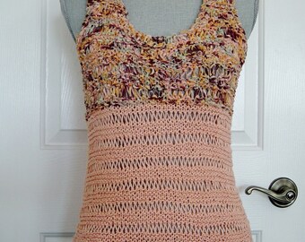 Peach Cotton Knit Tank Top, Peach Camisole, Peach & Brown Knit Summer Top, Summer, Boho, Beach, Handmade Scoop Neck Tank Top, Summer, Beach,