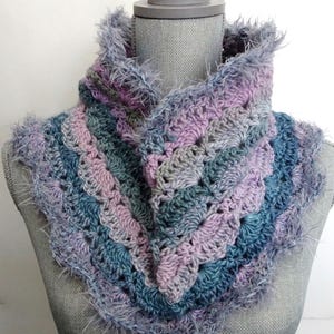 Hand Crocheted Blue & Purple Cowl: Wool Silk Blend, Faux Fur Trim