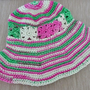 Crochet Cotton Summer Sun Hat Women's Hat Floppy Brim Hat Beach Hat Pink and Green Watermelon Color Hat Cotton Crochet Hat image 3