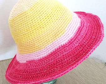 Crochet Sun Hat: Pink & Yellow Brim, Women's Cotton Beach Hat