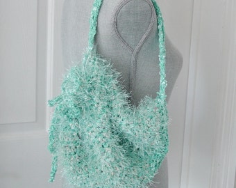 Turquoise Crochet Shoulder Bag, Market Tote, Beach Bag, Turquoise Yarn, Handbag, Boho, Hand Crochet Tote Bag, Drawstring Bag