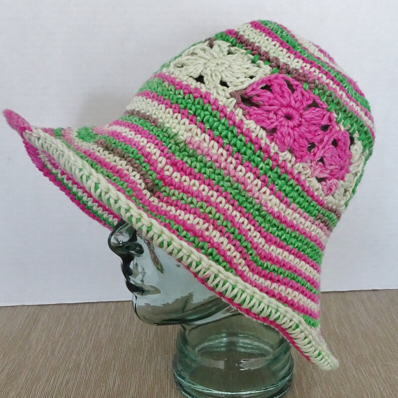 Crochet Cotton Summer Sun Hat Women's Hat Floppy Brim Hat Beach Hat Pink and Green Watermelon Color Hat Cotton Crochet Hat image 2