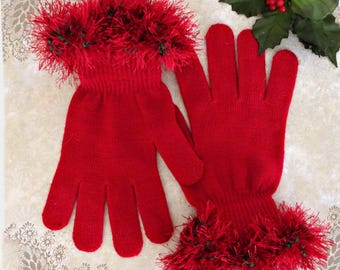 Red Christmas Gloves, Faux Fur Cuffs, Holiday Knit Gloves