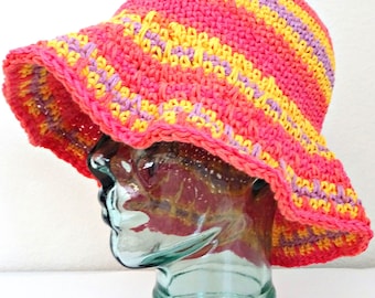 Crochet Cotton Sun Hat: Orange Yellow Brimmed Beach Hat