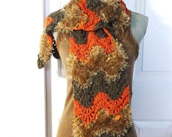 Handmade Chevron Knit Scarf: Pumpkin Orange, Camel & Brown
