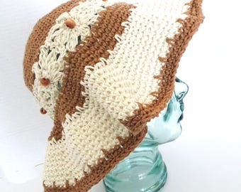 Crochet Cotton Sun Hat: Beaded Flower, Floppy Brim Beach Hat