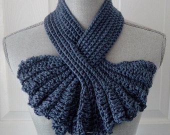 Blue Keyhole Scarf, Blue Crocheted Scarf, Neck Warmer Scarf, Winter Scarf, Blue Yarn Scarf, Ruffle Style Scarf, Gift for Her